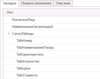 Закладки шаблона строки таблицы в 1С